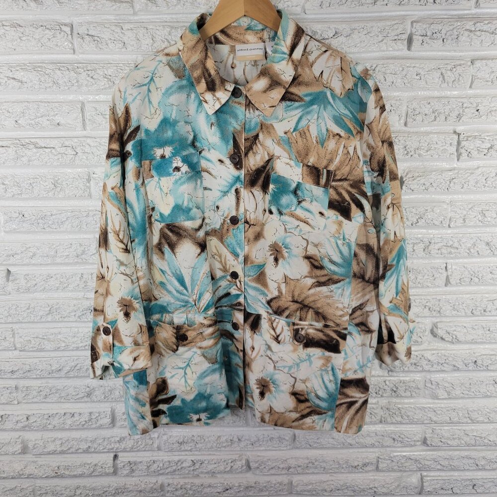 Alfred Dunner 20W Shacket Jacket Blue Tan Floral Linen Blend 3/4 Sleeve FLO127XE